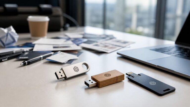 שולחן עבודה עם דיסקי USB ממותגים, עט ומסמכים, הצגת מוצרי פרסום בשימוש יומיומי.