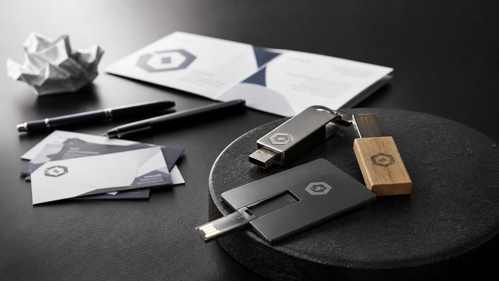 גי פי טי שולחן עבודה מינימליסטי עם דיסקי USB ממותגים, כרטיסי ביקור ועלוני פרסום ברקע