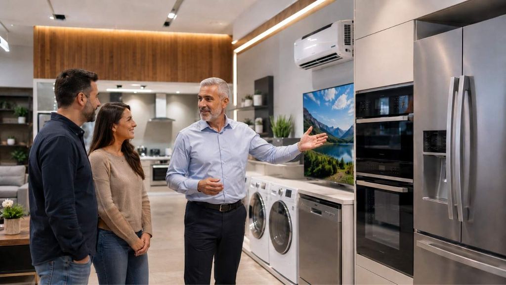 מומחה מוצרי חשמל מסביר ללקוחות איך לבחור מכשירי חשמל לבית חדש