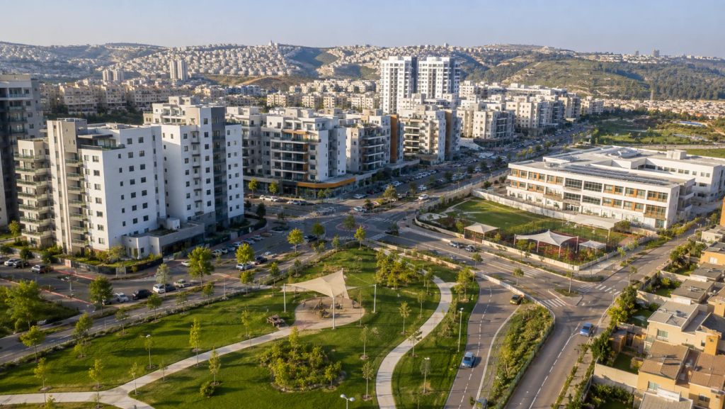 שכונת מגורים מודרנית עם פארק, שבילי הליכה ובנייני מגורים חדשים