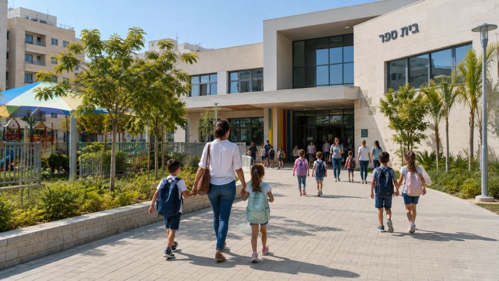 הורים וילדים בכניסה לבית הספר בשכונת מגורים חדשה בהרצליה
