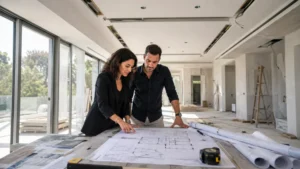 אדריכל ומתכננת תאורה בוחנים תוכנית תאורה לבית במהלך שיפוץ