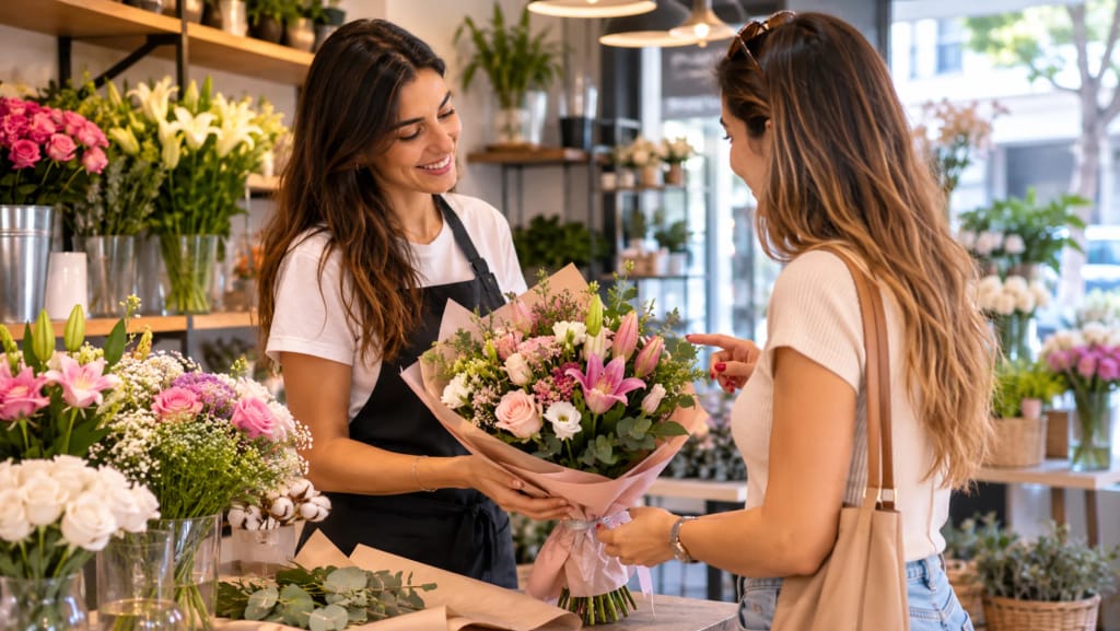 לקוחה מתייעצת עם שוזרת ובוחר זר בחנות פרחים מקומית בראשון לציון.