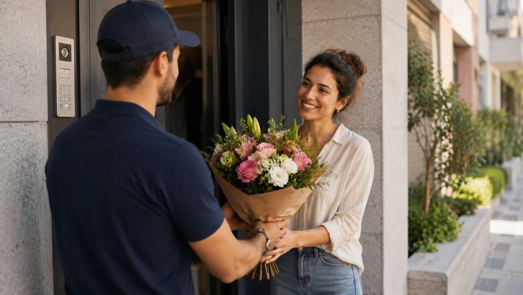 מסירת זר פרחים טרי לנמענת בביתה בראשון לציון.